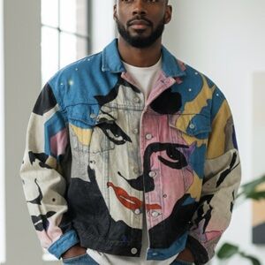 Hand painted Colorful Graphic Denim Jacket Ptp 26 one of a kind a must have